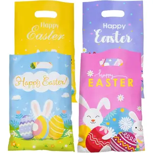 100Pcs Easter Goodie Bag Plastic Treat Bag with Handle Egg Bunny Gift Bags Colorful Goodie Bags for Easter Party Favor Supplies Classroom Gift Exchange