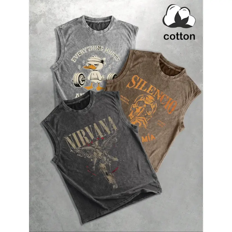 Angel pattern cotton vintage distressed men's vest three-pack round neck fashionable sleeveless top, street hip-hop Graphic print, men's summer three-pack