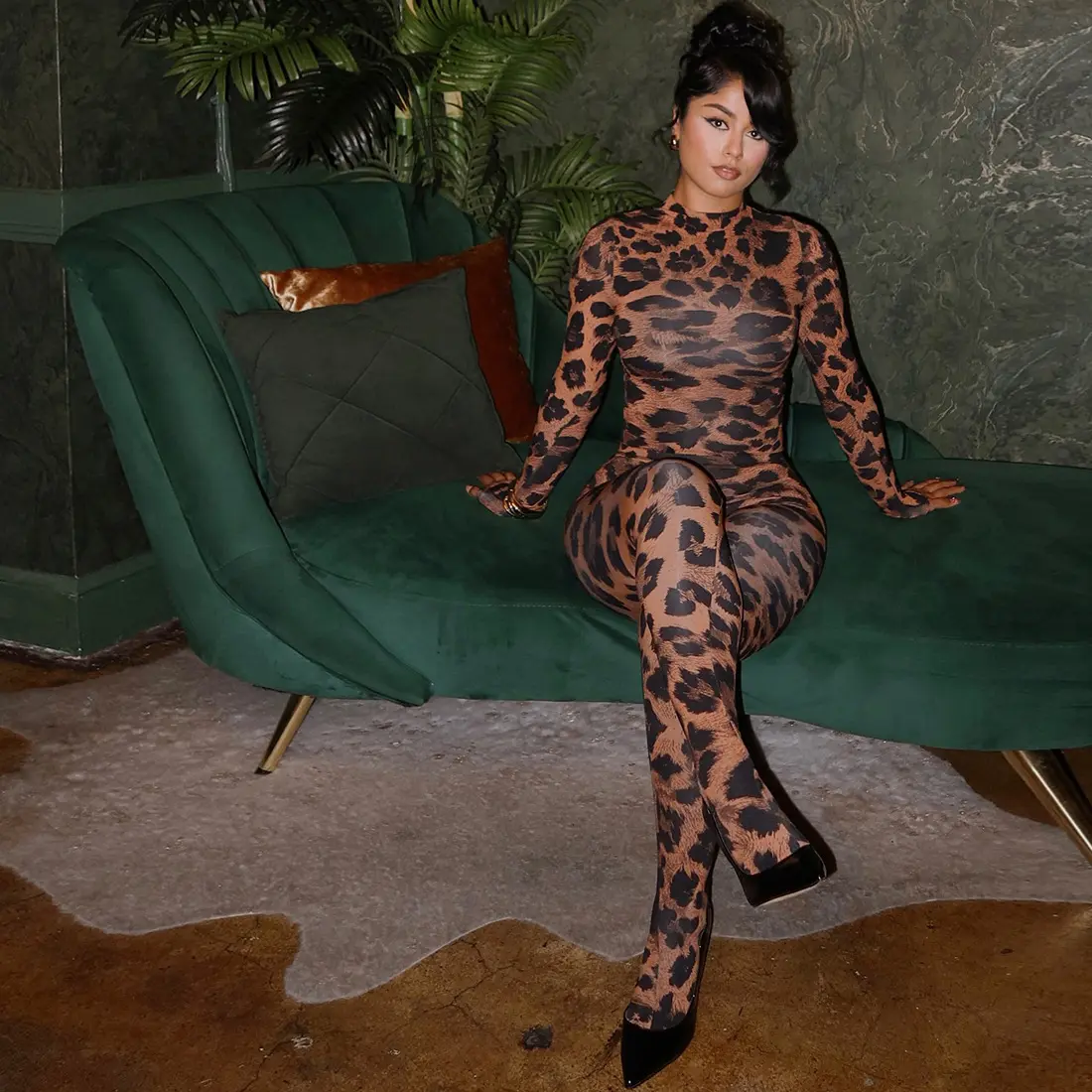 New Creative Street Digital Printed Long-sleeved Tight Top And Slim Pants Suit