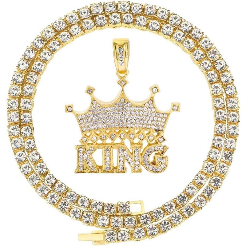 14k Gold Silver Plated Hip Ho Rapper Pendant Chain Necklace for Men-Iced Out Diamond King Pendant with 22 Inch Rope Tennis Chains