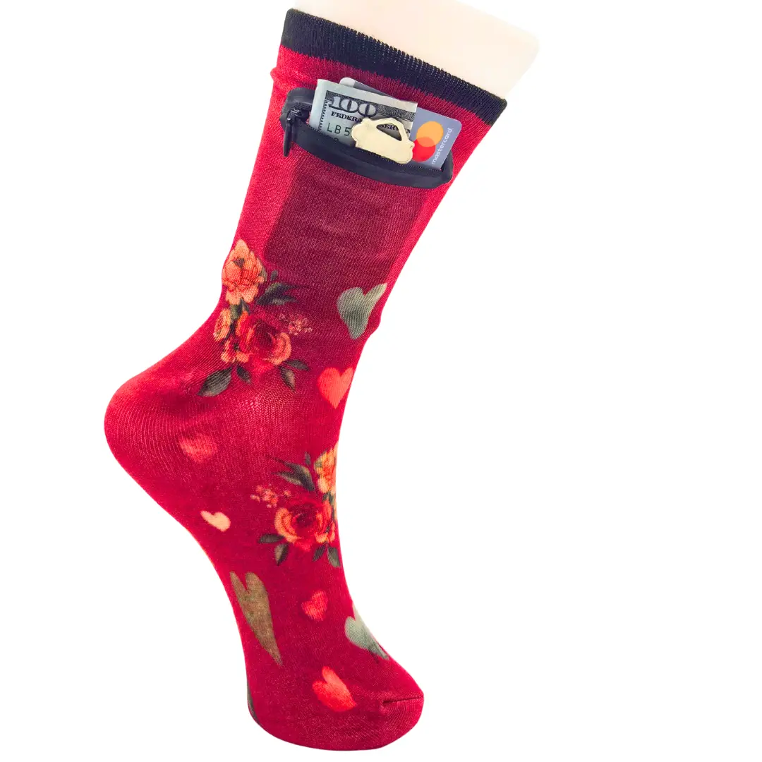 Flippysox Zipper Sock Wallet - Cotton & Polyester Zipper Socks with Pockets - Fits shoe size 6-13 (Valentines)