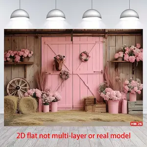 2D Flat Photo Booth Prop, Single Panel Western Cowboy Party Backdrop - Pink Rustic Wooden Cabin Door with Wreath and Cowboy Hat Decoration, Suitable for Birthday Party Supplies, Western Party Decorations, Cowboy Theme, No Power Supply Required