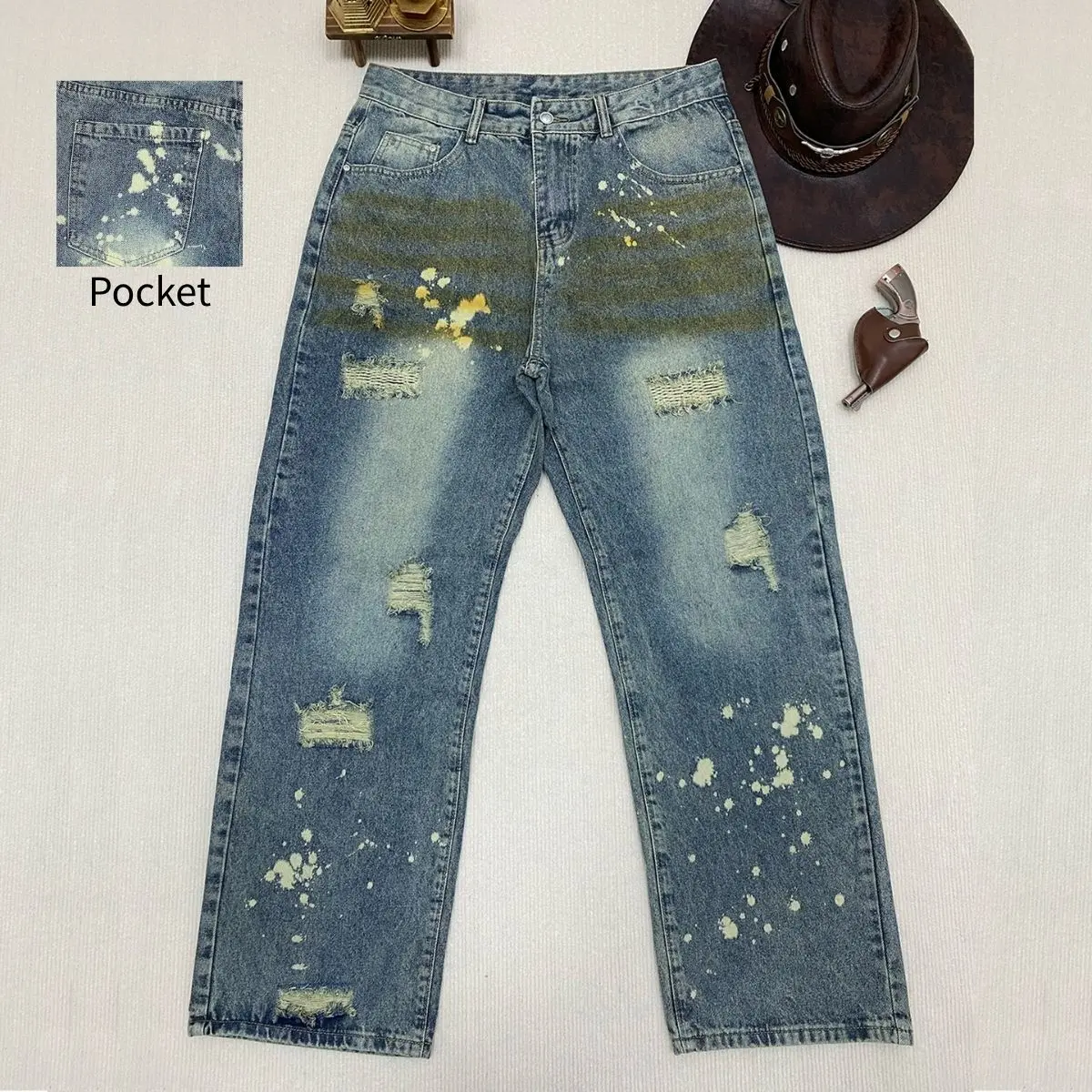 Men's Street Wear Jeans in a Faded Mustard Dye, Retro Style Wide Straight-Leg with Ink Splatter and Distressed Rips for Club, Stylish, Denim, Casual, 90S Look, Raw Hem, Plain, Mid Waist, Menswear, Pants, Distressed Look, All Season, Sneakers, Fabric, Dist