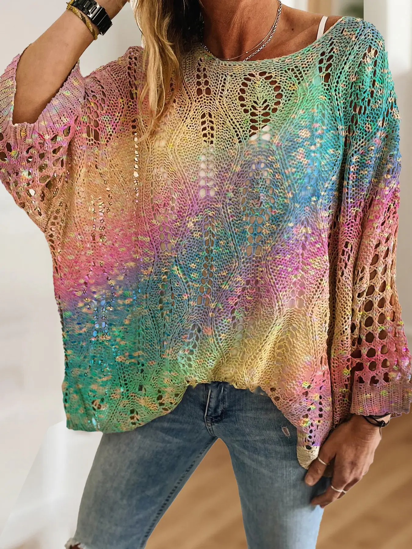 Women's Gradient Ombre Colorblock Batwing Long Sleeve Loose Knit Hollow Out Short Top, Casual Elegant Vacation Style Spring Sweater Pullover, Valentine's Day Knitwear, Plus Size