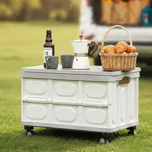 Oyster White 30L Classic Rectangle Collapsible Storage Bins with Lids, Hand-Hold Switch & Smooth Rolling Cart, Stackable Plastic Utility Crates, Durable Home Organizers for Garage Use