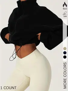 Women's Solid Drawstring Zip-Up Crop Jacket, Casual Long Sleeve Mock Neck Fuzzy Outerwear for Spring & Fall, Ladies Clothes for Daily Wear, Womenswear