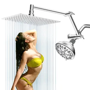 Hibbent All-Metal Couples Dual Combo Bathroom Shower Equipment - 10" High-Pressure Rain Showerhead, 7-Spray Handheld Shower Head, 16" Extension Arm, Chrome Finish for Families