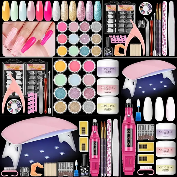 Acrylic Nail Kit for Manicure & Nail Care - Drill, UV Light, Brush, Storage, 3pc Clear/Pink/White Acrylic Powder, 12pc Glitter Powder, 200pc Fake Tips for DIY French Extensions, Beauty Products, Nails Kit Set