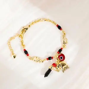 14K Real Gold Plated Elephant Evil Eye Golden Tone Bracelet, Adjustable Hypoallergenic Bohemian Style Sports Wristband Accessories, Anklet Option for Sports & Outdoor Use