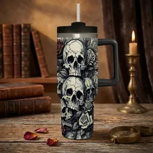 Gothic Skull and Red Rose 40 Oz Vacuum Insulated Tumbler Dual Function Lid for Straw and Direct Drinking Large Capacity Travel Cup with Handle Flasks