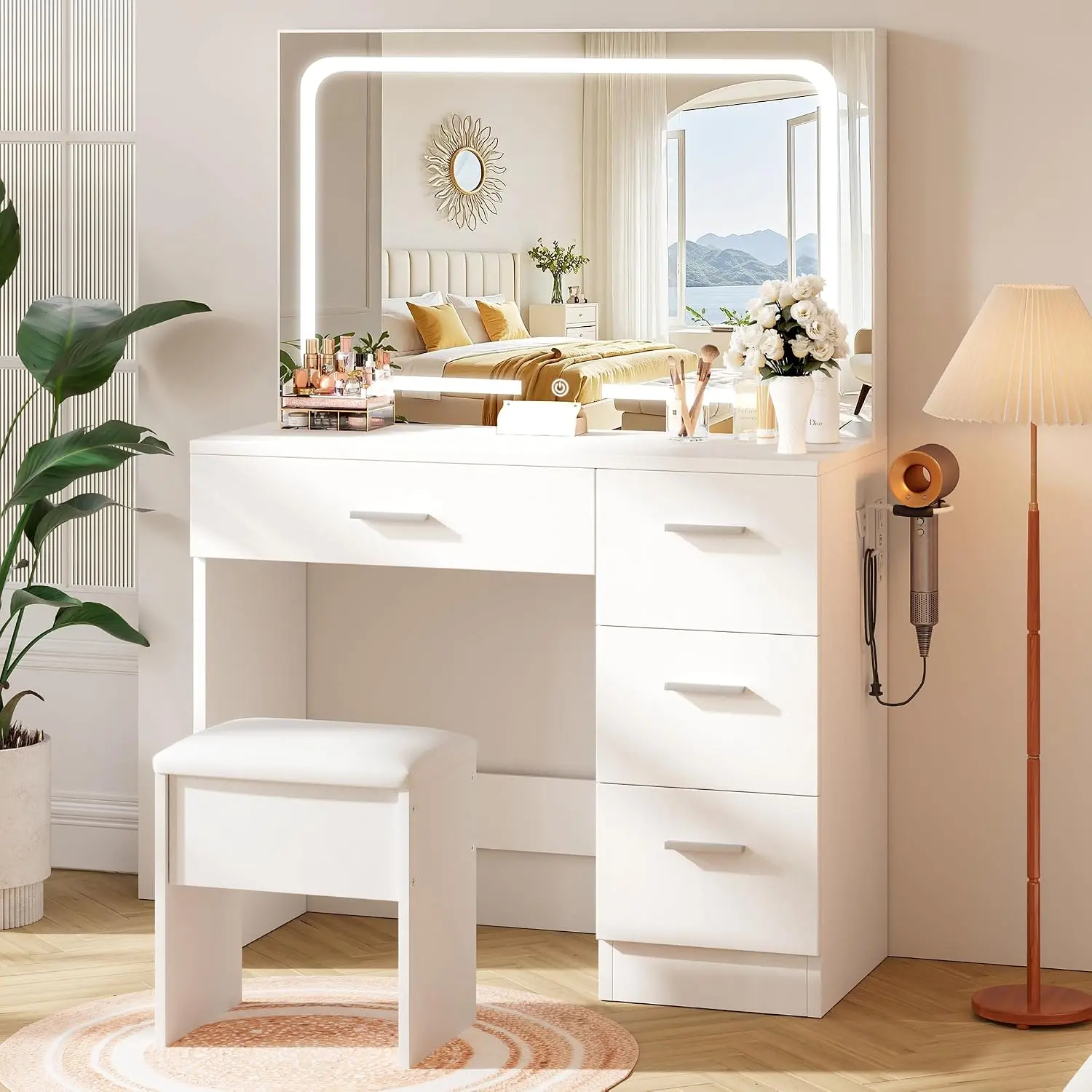 LIVELYGLOW 35.4" White Vanity Desk Set with Full-Width LED Mirror & Stool | 3 Lighting Modes, Charging Station, Cushioned Stool, 4 Drawers stand dryer makeup stylish light built-in outlet flute table rgb color