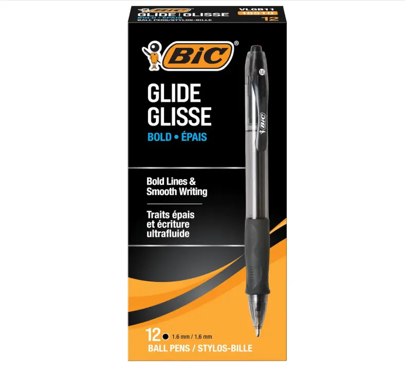 BIC Glide Bold Black Ballpoint Pens, Bold Point (1.6mm), 12-Count Pack, Retractable Ballpoint Pens With Comfortable Full Grip (VLGB11-BLK)