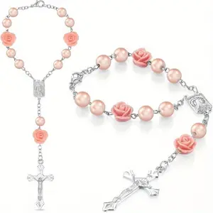 [Pink Car Rosary] Elegant Pink 1pc Car Rosary | ABS Material Rearview Mirror Hanging Charm with Cross Pendant, Religious Automotive Decor for Personal Protection
