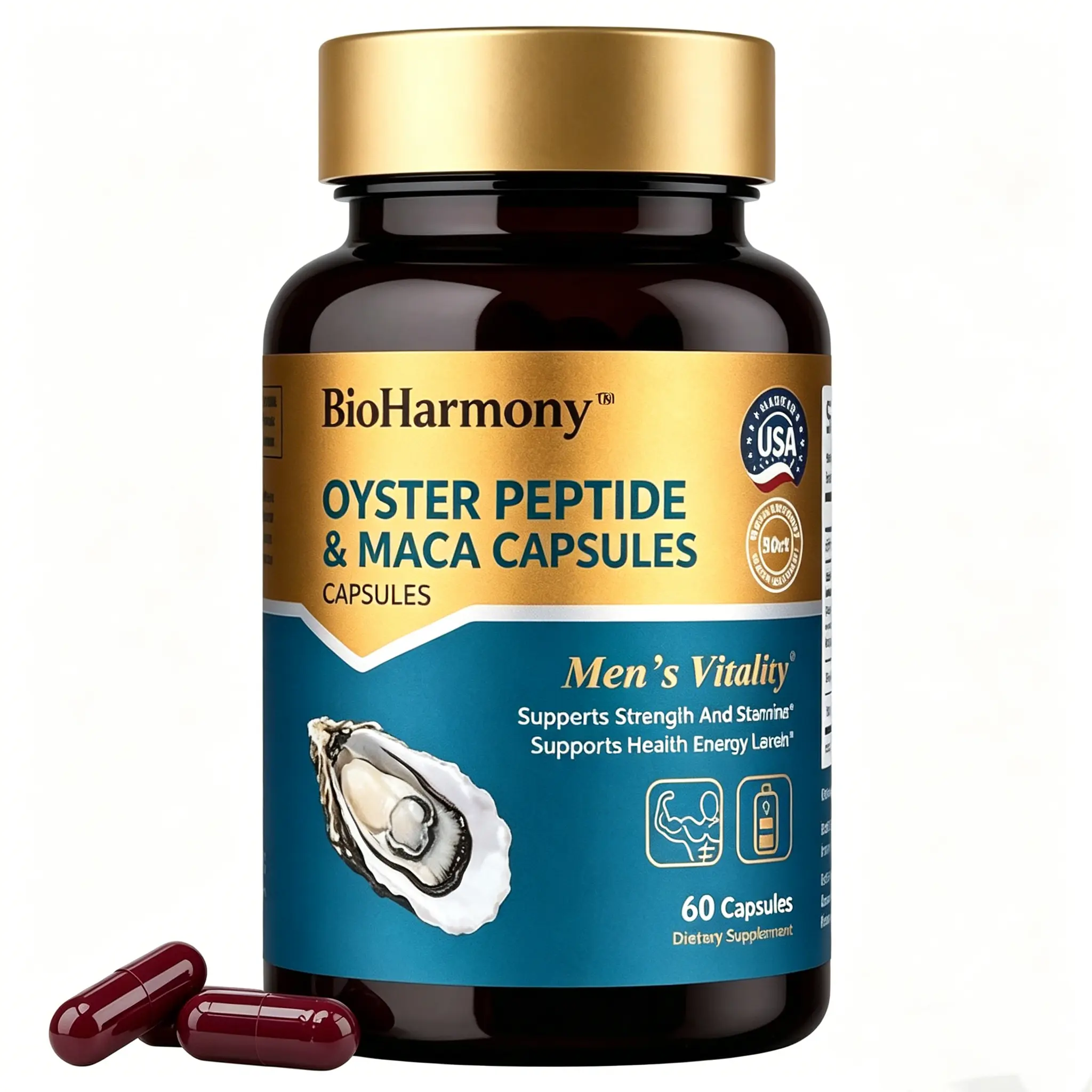 BioHarmony Natural Men’s Energy Capsules - Oyster Peptide & Maca, GMP Certified, Healthcare, Marine Nutrients, Cellular Energy, Fitness Endurance Boost, Caffeine-Free Herbal Non-Stim Dietary Support, 60 Count Vitamins Supplements, Caffeine-Free Vitamins S