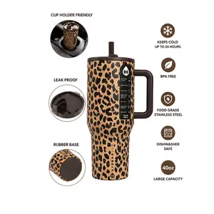 Hydro 40oz Leopard Print Tumbler  Insulated Travel Mug With Handle | Leakproof Water Bottle Keeps Ice Cold All Day | Cup Holder Friendly