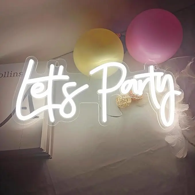 Dimmable Let's Party Neon Sign Light for Wall Deocr, USB Lets Party LED Light for Birthday Wedding Friend Party Backdrop Gift, White