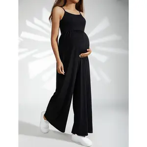 Women's Elegant High-Waisted Maternity Jumpsuit - Stretchy Spaghetti Strap Romper, Loose Fit Long Pants, Machine Washable Solid Color Pregnancy Wear for Spring Summer Fall Casual Outings, Maternity Clothes, Comfortable Pregnancy Attire, Soft Texture, Post