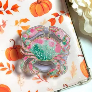 Preppy Crab Glitter Phone Grip, Cute Summer Beach MagSafe Holder, Aesthetic Ocean Blue Griptok, Sparkly Crab Gift for Her & Beach Lovers