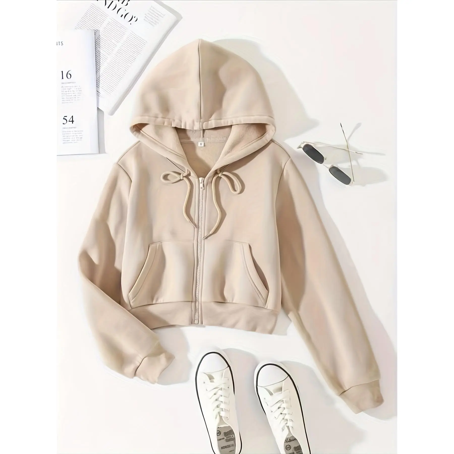 Thermal Lined Crop Hoodie with Pockets for Daily Wear - Women's Casual Solid Drawstring Zip Up for Fall & Winter