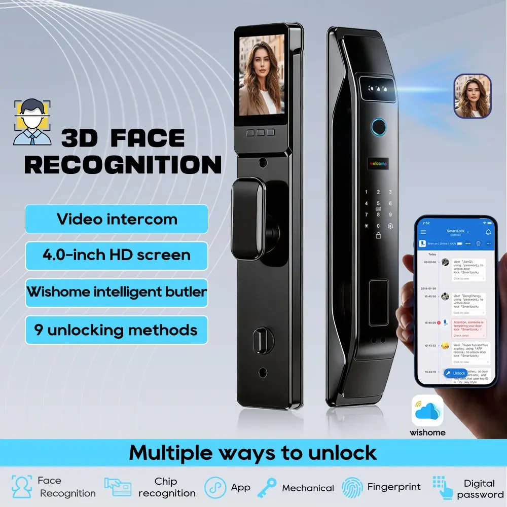 Wifi Wishome APP Face Recognition Smart Door Lock With Camera Video Call Voice Intercom Digital Door Lock Automatic Door Lock Fingerprint Keyless Lock Smart Security Lock