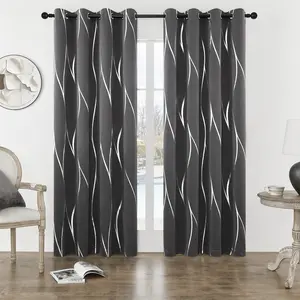 2 Panels Luxury Gold Foil Wave Pattern Blackout Curtains with Grommet Top Design for Easy Hanging, Thick Fabric Provides Great Sun Blocking Heat Insulation Privacy Protection, Elegant Modern Drapes for Bedroom Living Room Balcony Home Decoration