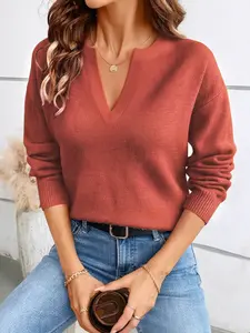 Women's Spring & Fall V-Neck Sweater Pullover, Plain Basic Style, Versatile College Office Wear, St Patrick's Day Easter
