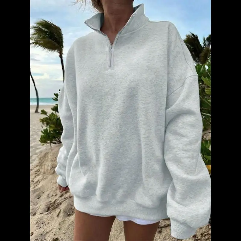 Women's Solid Drop Shoulder Quarter Zip Sweatshirt, Casual Long Sleeve Stand Collar Pullover for Fall & Winter, Women's Clothes for Daily Wear