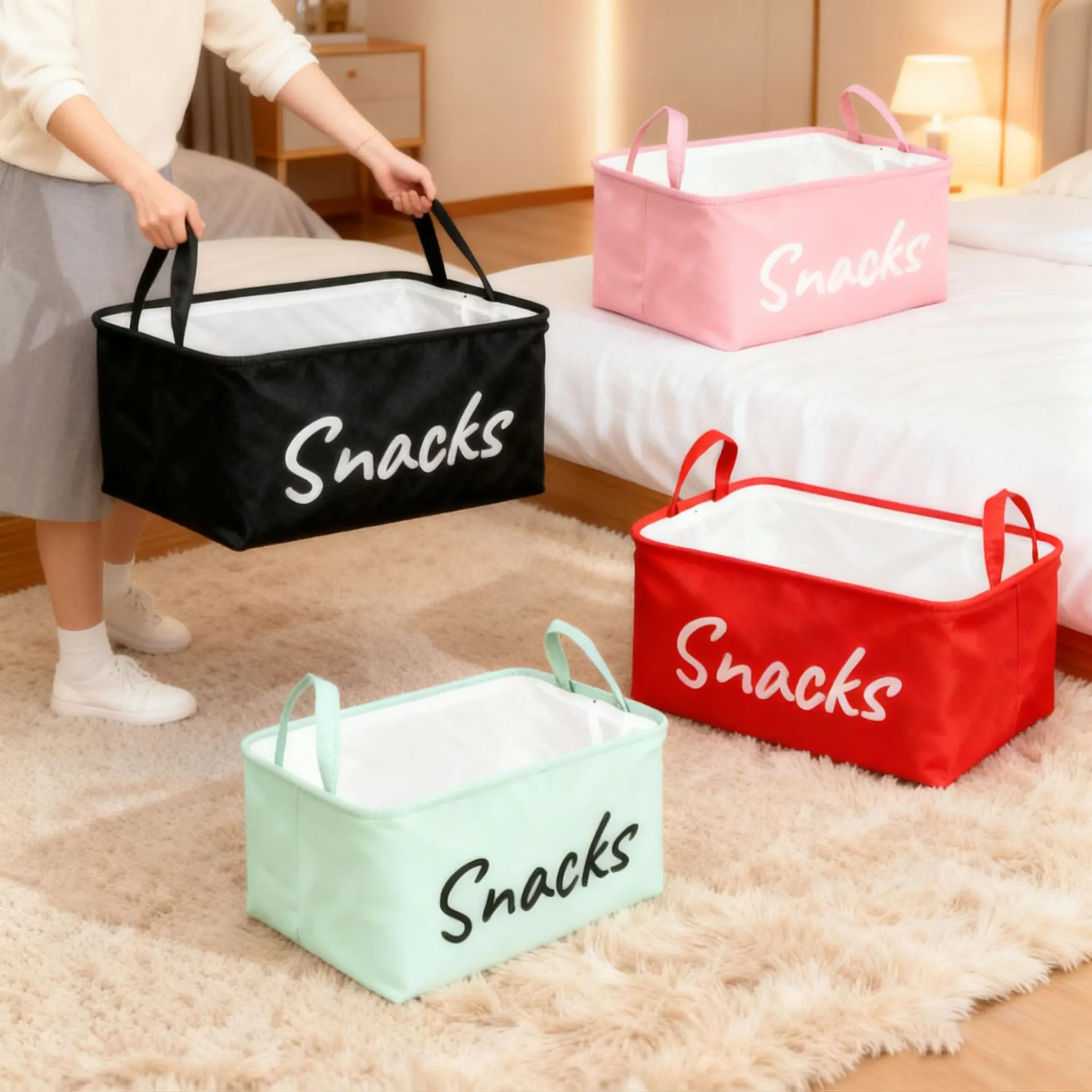 [AURA & ISLE] Cotton-Linen Rectangular Handle Storage Box - Foldable, Large-Capacity, Portable Black Household Organizer for Bedroom Toys, Snacks (American Look)