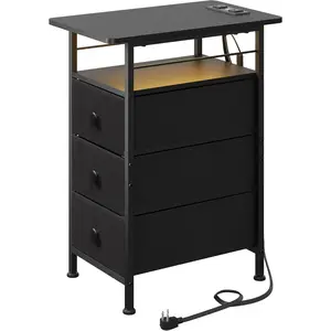 Narrow Side Table with  Station, End Table with LED Lights,3 Fabric Drawers and Open Shelf, Bed Side Tables Living Room, Small Spaces, Bedroom, Black