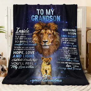 Flannel Blanket for Grandson - Heartwarming Gift with Lion & Cub Design and Loving Messages from Grandma. This soft plush fleece throw blanket is perfect for couch, bed, or sofa, providing ulti
