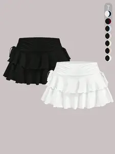 Women's Solid Color Ruffle Side Tie Bubble Skirt Set, Stylish Casual Half-Length Dress, Perfect for Outdoor Summer Wear, Women's Clothing