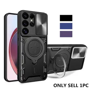 Case For Samsung Galaxy S25 S24 S23 S22 S21 Note 20 Ultra Plus Slide Camera Protection 360 Rotate Kickstand Armor Ring Cover Protector, Smartphone Protective Shockproof, No magnetic, Accessories, Protective Cellphone Casing