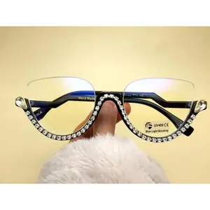 Luxury Rhinestone Cat Eye Reading Glasses Ladies Fashion Computer Filter Blue Light Blocking Glasses Half Frame Eyeglasses