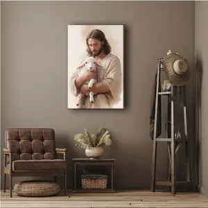 Jesus Good Shepherd Holding Lamb Close-Up Christian Wall Art Classic Faith Religious Ornaments for All Home Spaces Decor Warm Soft Vibe Modern Religious Decor for Any Room