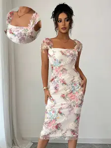 Women's Floral Print Mesh Ruched Midi Dress, Short Sleeve Square Neck Bodycon Casual Dress, Commuter/travel/pose/lounge/warm-Weather Style