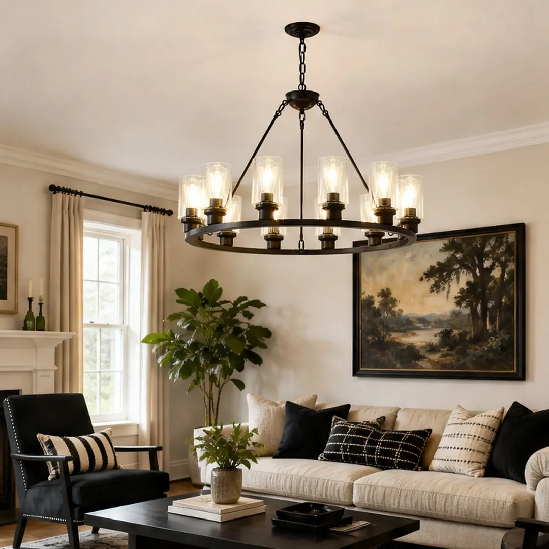 Farmhouse Wagon Wheel Chandelier, 34.25-In 12-Light Rustic Pendant with Seeded Glass Shades, Adjustable Height, Coffee Brown Metal Frame, Halogen/Incandescent Bulbs Compatible, for Living Room, Farmhouse Style Home Decor