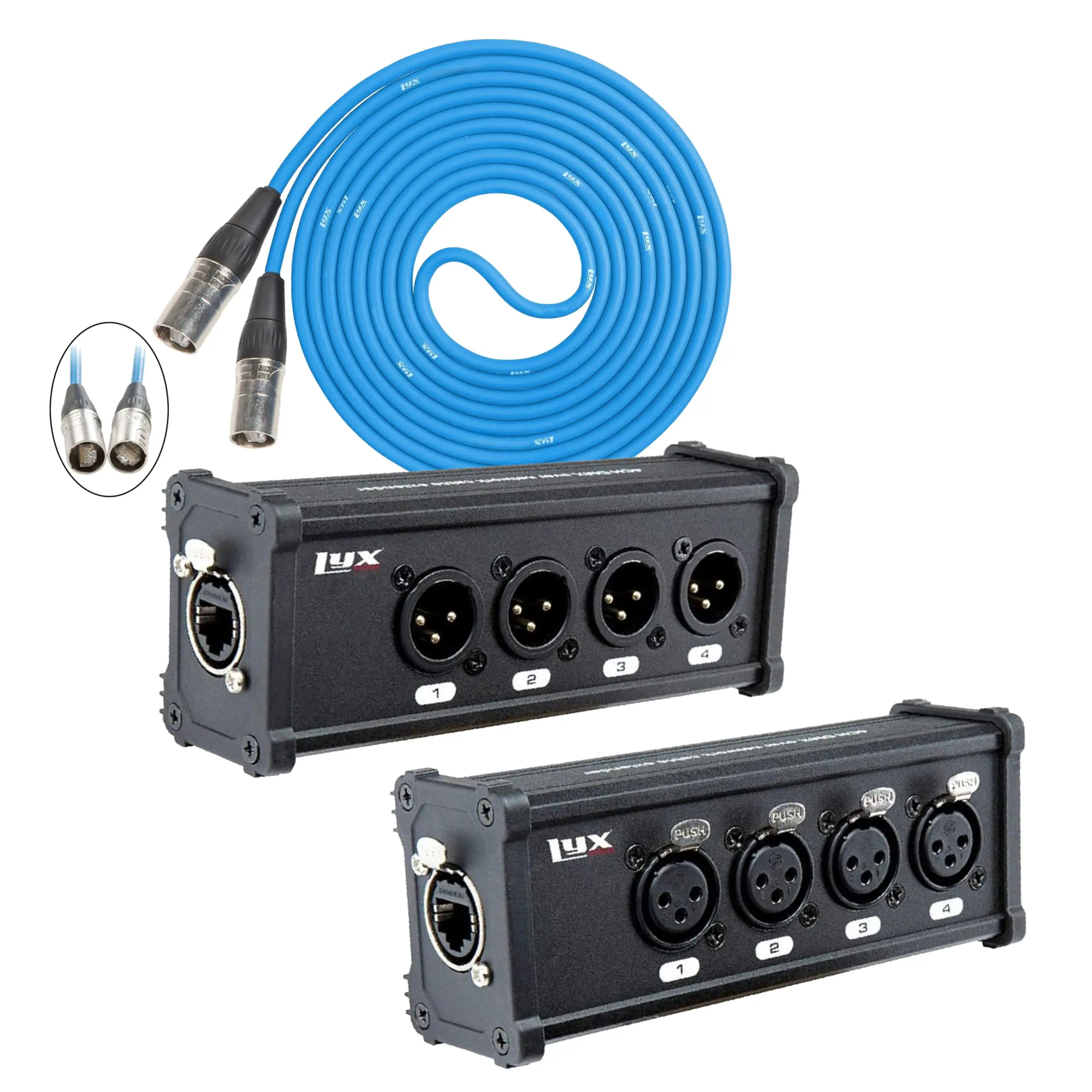 LyxPro 4 Channel 3 Pin Multi Network XLR Cable Breakout M&F to RJ45 Ethercon with LyxPro 20 Feet CAT6 Shielded Ethercon RJ45 for Audio, Sound and Lighting Cable