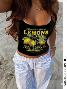 Women's Lemon & Letter Print Slim Fit Sleeveless Cami Top, Casual Spaghetti Strap Top for Summer, Fashion Women's Top for Daily Wear