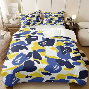 Blue Yellow Camo Pattern Duvet Cover Set,BAPE Ape Head Print Bedding Set,Includes 1 Duvet Cover and 1-2 Pillowcases,Vibrant Camo Patterns,Streetwear Themed Bedding Set for Bedroom,Dorm & Guest Room Decor,Ideal Gift for Street Fashion Lovers