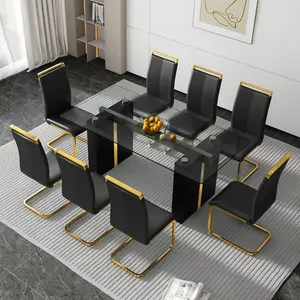 Glass Dining Table Set for 8 - 71 Inches, Modern Tempered Glass Top with MDF Frame and 8 Leather Ergonomic Chairs din room