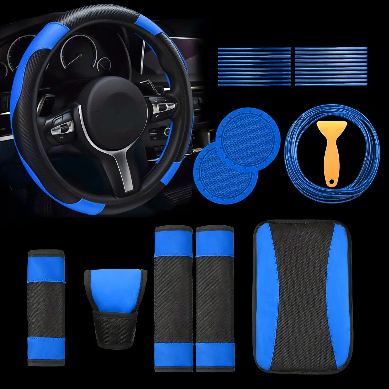 30 Pcs Car Accessories Set, PU Leather Steering Wheel Cover Auto Interior Accessories Gift Car Vent Trim Strips Air Conditioner Insert Strips with Installation Tool