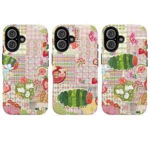 Kawaii Patchwork Cottagecore Phone Case | Cute Gingham & Floral Pattern with Caterpillar, Strawberry & Bunny | Aesthetic Girly Phone Cover for iPhone 16 15 14 13 12 11 & Samsung S25 S24 S23 S22 S21