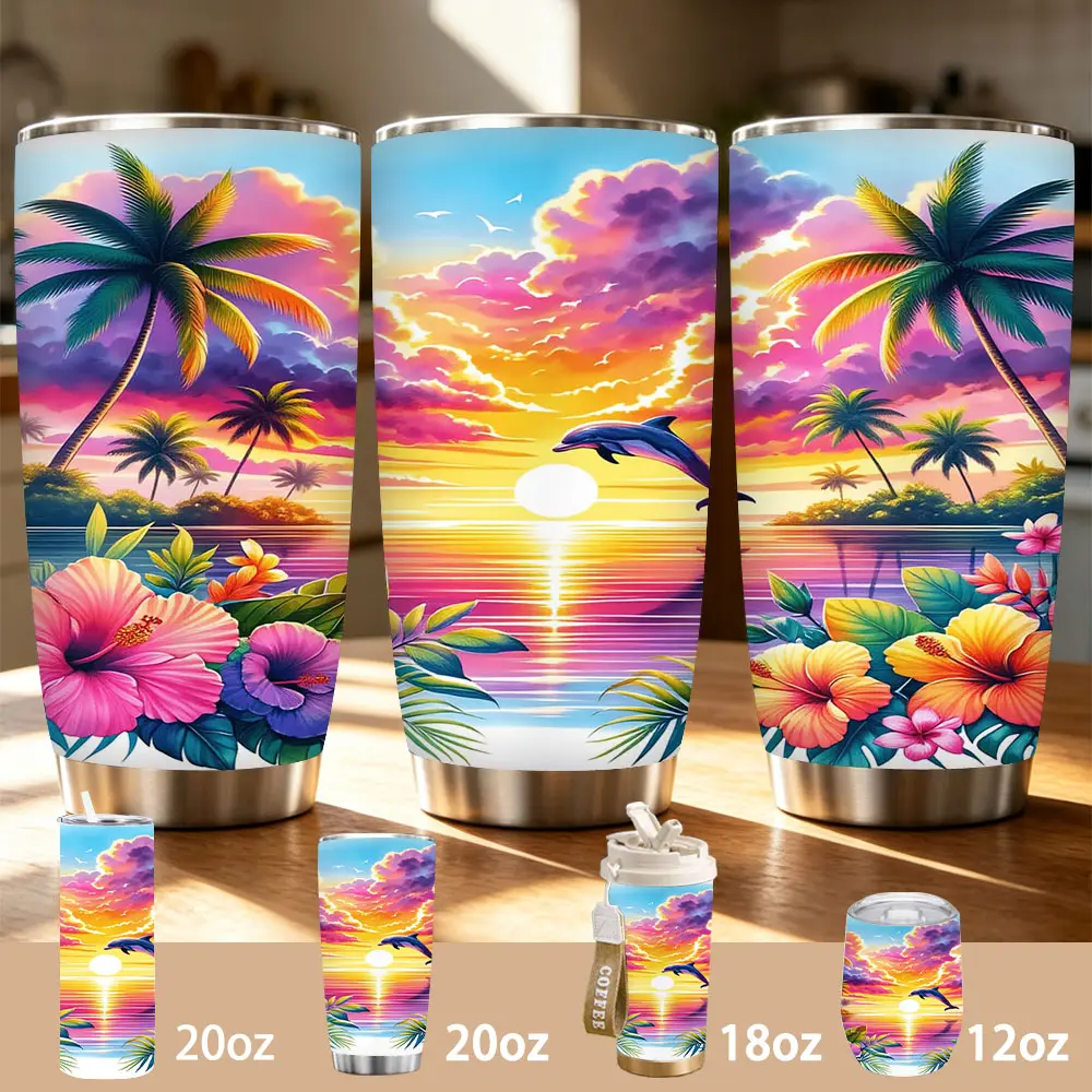 Tropical Sunset Dolphin Water Bottle Tumbler, Vibrant Hibiscus Floral Design, 12/18/20oz Multi-Size Stainless Steel Insulated Cup, Cold-Hot Retention for Hours, Ideal Gift for Beach & Ocean Lovers, Water Bottles