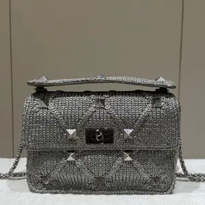 Pre-owned Valentino leather Crossbody Bags Roman Stud Large Metallic Knit Chain Shoulder Bag Silver 15147498