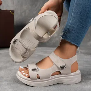 ZPLXQQ Women's Casual Black Platform Wedge Sandals - Open Toe, Breathable PU Upper, Ankle Strap with Hook-and-Loop Closure, Solid Color, Beachwear, Strappy Sandals, Women Shoes