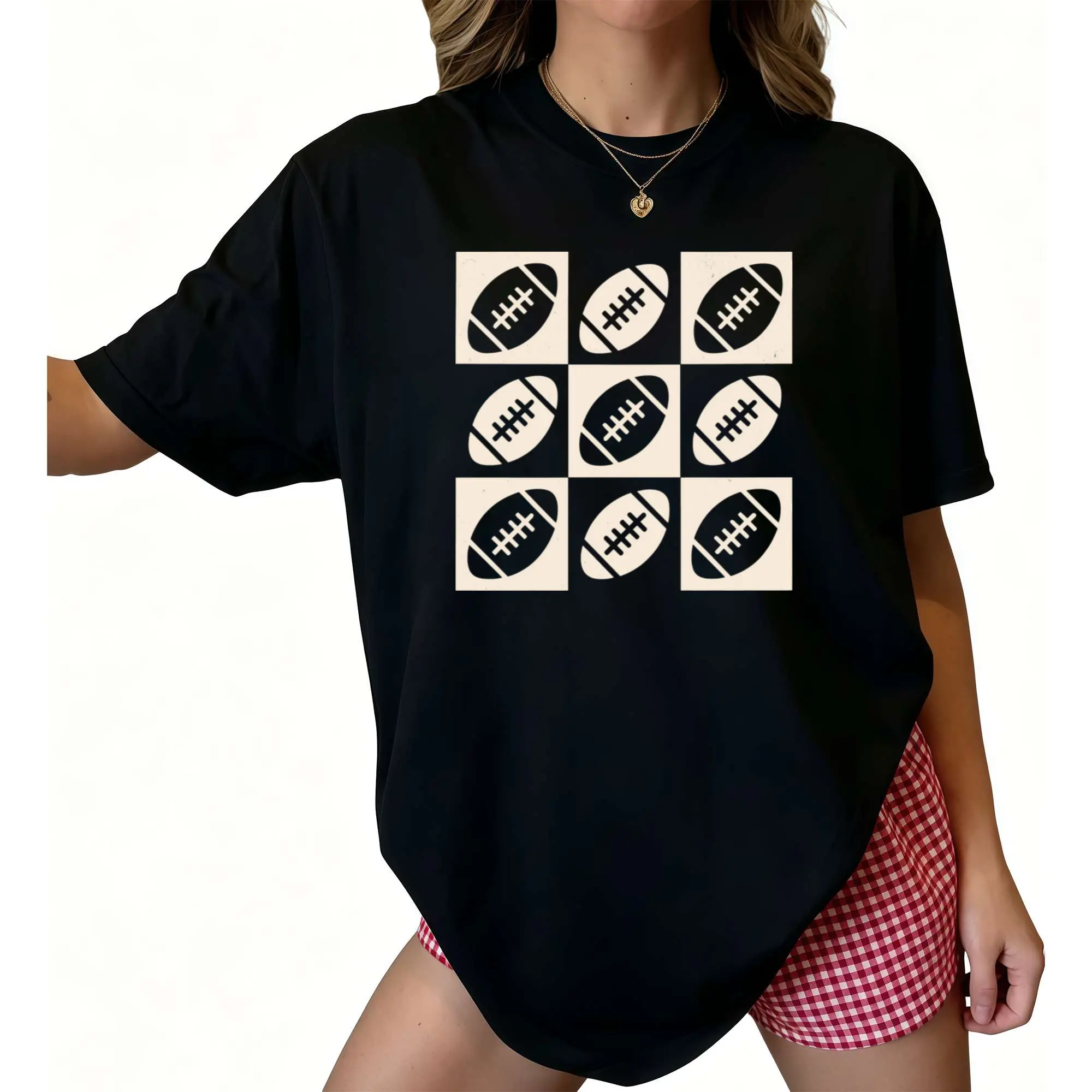 Checkered Football Shirt, Retro Football Shirt, Football Mama, Flag Football Player Shirt, Game Day Crewneck Tee for Football Lover
