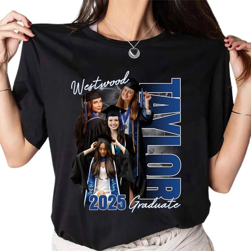 Personalize Photo 2025 Graduate Shirt for Women Proud Family Member Senior Graduation Tee with Name Photo 2025 Black Cotton Round Neck Short Sleeves