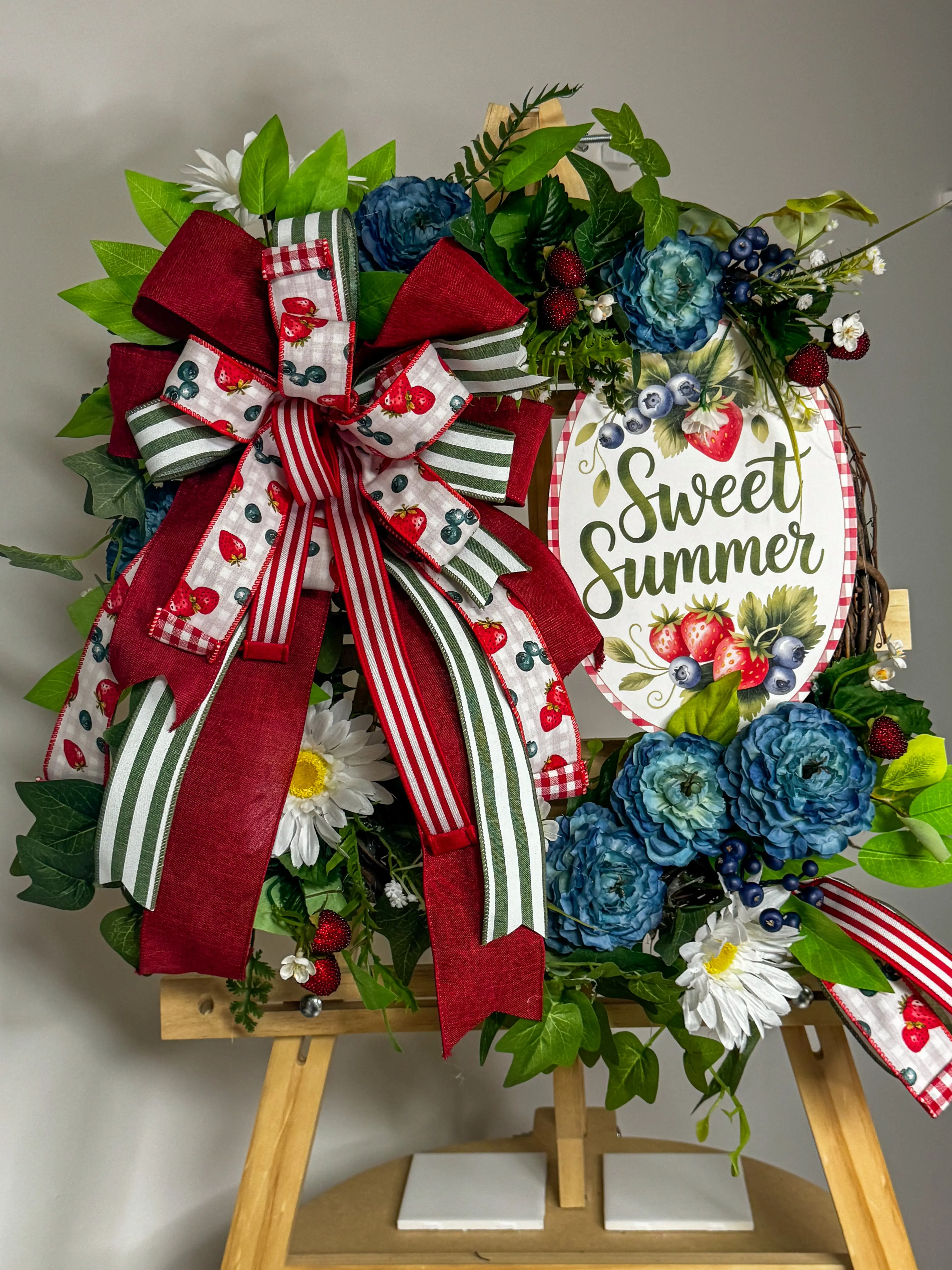 Sweet Summer Wreath | Strawberry Blueberry Farmhouse Wreath | Blue Peony & Daisy Summer Door Decor