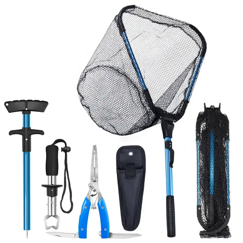 Bombrooster Compact Fishing Gear Kit - 4 Tools (Foldable Landing Net with Non-Absorbent Netting, Pliers, Hook Remover, Comfortable 1-Handed Fish Gripper), EVA-Coated Handle, 180° Rotating Blade, Kayak Accessories for Fishing Anglers