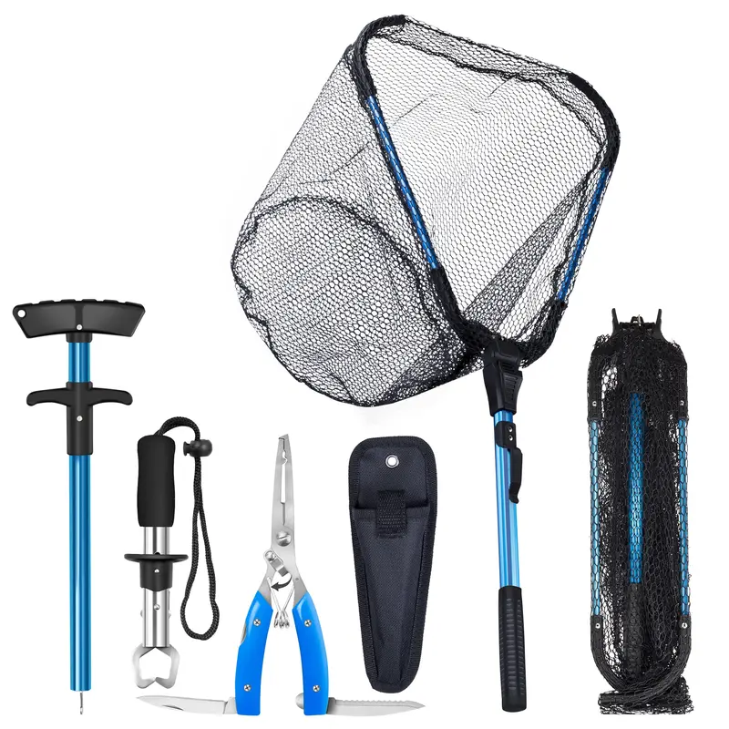 Bombrooster Compact Fishing Gear Kit - 4 Tools (Foldable Landing Net with Non-Absorbent Netting, Pliers, Hook Remover, Comfortable 1-Handed Fish Gripper), EVA-Coated Handle, 180° Rotating Blade, Kayak Accessories for Fishing Anglers
